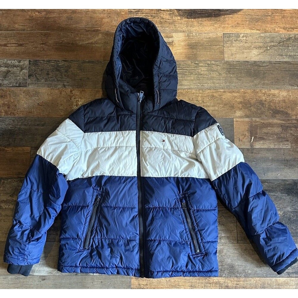 Tommy Hilfiger Hooded Zip Up Puffer Jacket Navy, White And Blue Mens Sz Medium